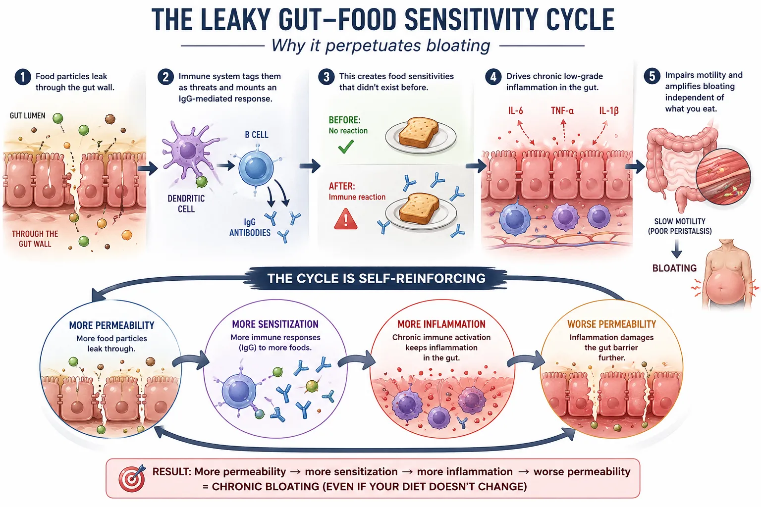 Leaky gut and bloating cycle infographic